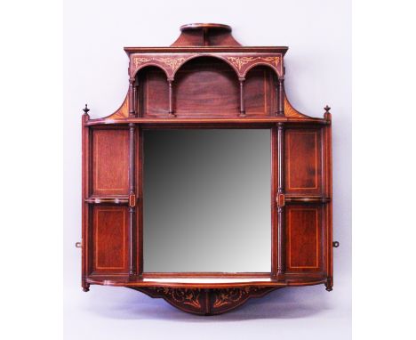 A GOOD VICTORIAN MAHOGANY INLAID OVERMANTLE MIRROR with shelves, turned supports and bevelled mirrored panel. 3ft high, 2ft 6