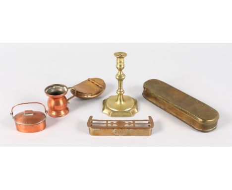 A GEORGIAN ENGRAVED BRASS TOBACCO BOX, A TAPER STICK and  FOUR SMALL BRASS ITEMS (6).