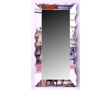 A GOOD LARGE ART DECO DESIGN MIRROR. 6ft x 2ft 9ins.