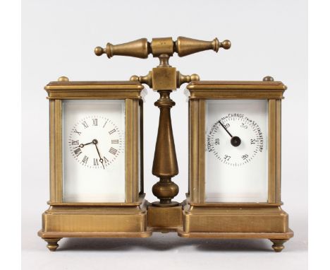 A PLAIN CLOCK AND BAROMETER in a brass case with carrying handle. 4ins high.