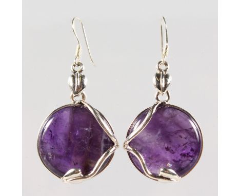 A PAIR OF SILVER AND AMETHYST EARRINGS.