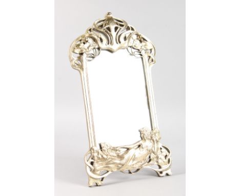 A SMALL SILVERED UPRIGHT MIRROR with classical figure. 20ins high.
