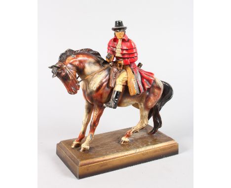 AN AUSTRIAN PAINTED METAL AMUSING NOVELTY LIGHTER, a highwayman on a horse.  9ins high.