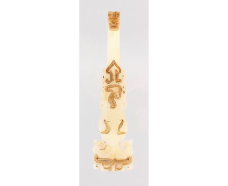 A GILDED WHITE JADE BELT HOOK. 5.5ins long.