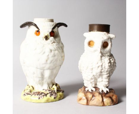 TWO CONTINENTAL WHITE PORCELAIN OWL LAMP BASES. 7ins and 6.5ins high.  For restoration.