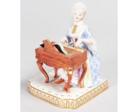 A MEISSEN SENSES GROUP, "SOUND", a seated lady playing a piano. Cross swords mark in blue.