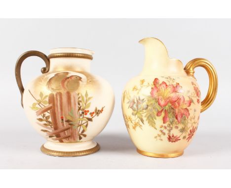 A ROYAL WORCESTER JUG painted with flowers, No. 1094, 6.5ins high, and a CONTINENTAL JUG painted with birds, 6ins high (2).