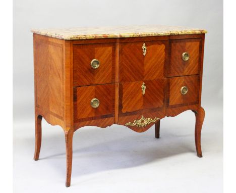 A LOUIS XVIth DESIGN BREAKFRONT TWO DRAWER COMMODE with marble top, ormolu handles, supported on curving legs. 3ft 2ins wide.