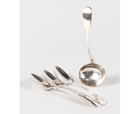 THREE GEORGE III IRISH RAT TAIL DESSERT SPOONS, Dublin 1800, and A GEORGIAN SAUCE LADLE, London 1818 (4).