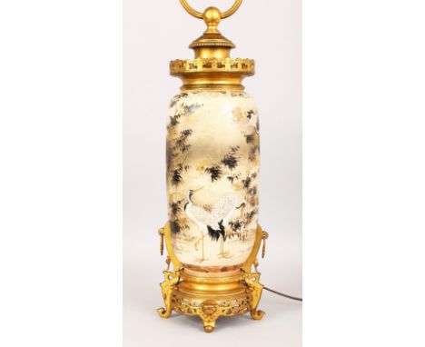 A GOOD 19TH CENTURY SATSUMA PORCELAIN VASE painted with cranes in a lakeland scene, with ormolu mounts, converted to a lamp. 