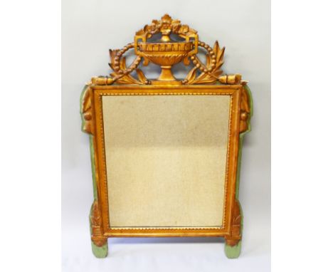 AN ANTIQUE GILDED MIRROR with urn and swag surmount. 3ft 4ins high, 2ft 1ins wide.