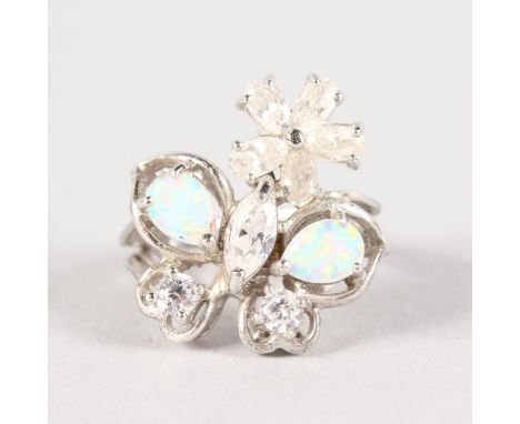 A SILVER OPAL SET DRESS RING.