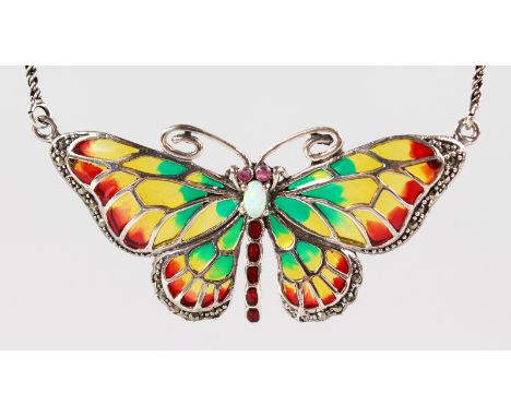 A SILVER PLIQUE ENAMEL BUTTERFLY NECKLACE set with opals and rubies.