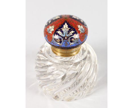 A GOOD HEAVY FRENCH GLASS CIRCULAR INKWELL with swirl body and cloisonne enamel top. 4ins diameter.