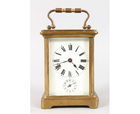 A 19TH CENTURY FRENCH BRASS CARRIAGE CLOCK with alarm and bell. 4.5ins high.