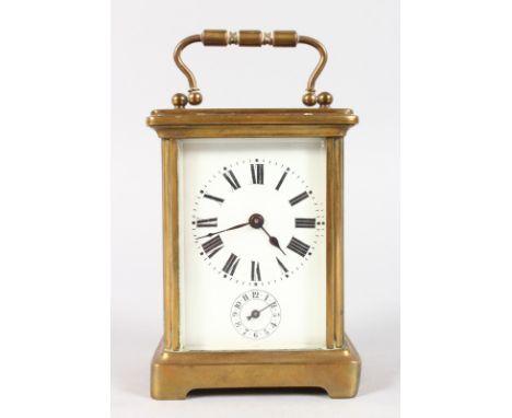 A 19TH CENTURY FRENCH BRASS CARRIAGE CLOCK with alarm and bell. 4.5ins high.