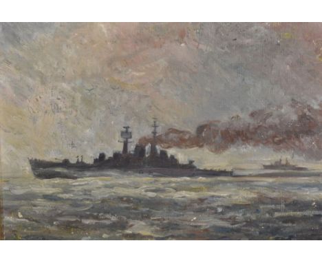 Norman Wilkinson (1878-1971) British. Boats off a Coastline with Gulls flying above, Oil on Board, Signed on reverse, 6" x 8.