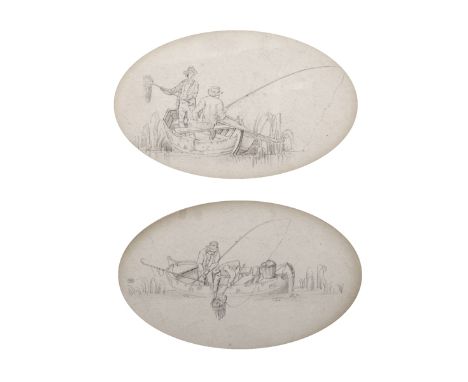 19th Century English School. Figures in a Boat Fishing, Pencil, Oval, 3.25" x 5.25", and a companion piece, a pair framed as 