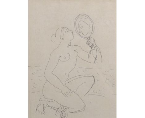 Duncan Grant (1885-1978) British. A Study of a Naked Lady, Kneeling and Looking in a Mirror, Ink, 11.75" x 8.75". Provenance;