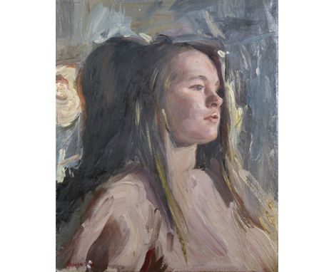 Howard Morgan (1949-    ) British. Portrait of a Young Girl, Oil on Canvas, Signed and Dated 'I86', with Studio Stamp on Reve