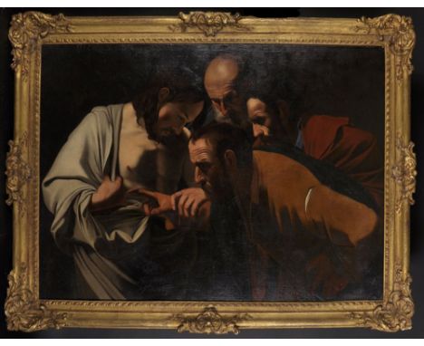 After Michelangelo Merisi da Caravaggio (1571-1610) Italian. "The Incredulity of St Thomas", Oil on Canvas in a Fine Carved G