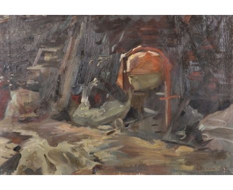 Howard Morgan (1949-    ) British. Study of a Builder's Yard with a Cement Mixer, Oil on Canvas, Signed and Indistinctly Date