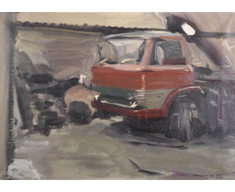 Howard Morgan (1949-    ) British. Study of a Skip Lorry, Oil on Canvas, Signed and Dated 'VII '85', with Studio Stamp on Rev