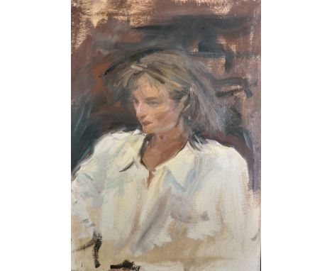 Howard Morgan (1949-    ) British. Study of a Seated Lady, Oil on Canvas, with Studio Stamp on Reverse, Unframed, 24" x 17".