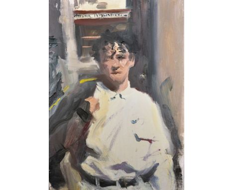 Howard Morgan (1949-    ) British. "Chelsea Type Waiter", A Study of a Man Dressed in White, Oil on Canvas, Inscribed with Ti