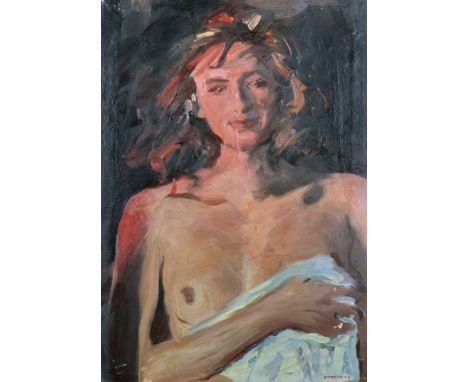 Howard Morgan (1949-    ) British. Study of a Semi Naked Lady in the Firelight, Oil on Canvas, Signed and Dated '96, with Stu