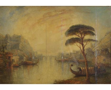 Manner of Joseph Mallord William Turner (1775-1851) British. An Italian Capriccio Landscape with Gondolas, Oil on Panel, 9.25