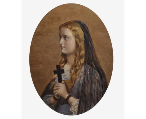 Circle of William Gale (1823-1909) British. Portrait of a Young Girl at her Devotion, Oil on Panel, Oval, 8.25" x 6.5".