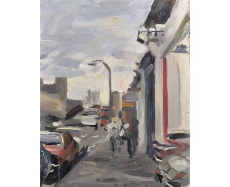 Howard Morgan (1949-    ) British. Figures in a Street Scene, Oil on Panel, with Studio Stamp on Reverse, Unframed, 16"x 12.7