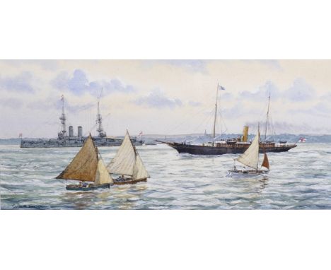 Colin M Baxter (19th-20th Century) British. "Stokes Bay, Speed Trials, S.Y. Maid of Honour, HMS Exmouth Beyond, c.1920", Wate