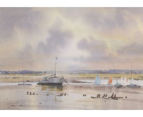 David Brunwin (1939    ) British. "Evening Light, West Mersea", Watercolour, Signed, 9.75" x 13.75". Provenance; The Mall Gal