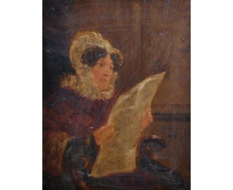 Circle of David Wilkie (1785-1841) British. Study of a Seated Lady Reading, Oil on Panel, 10.5" x 8.25".