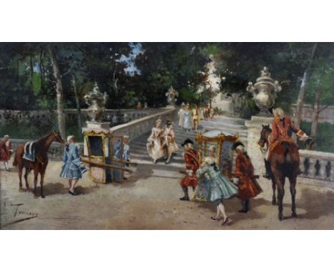 L... Tornero (19th Century) Continental. A Parisian Park Scene, with Figures leaving in Sedan Chairs, Oil on Panel, Signed, 7