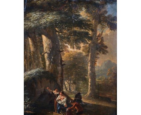18th Century Dutch School. Figures in a Forrest Setting, Oil on Panel, 13.5" x 11".