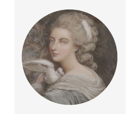 Follower of Richard Cosway (1742-1821) British. Portrait of a Woman with a Dove, Watercolour, Circular, 3" x 3", and another 