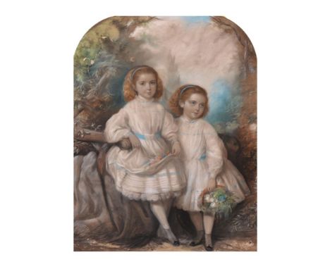 Early 19th Century English School. A Study of Two Young Girls, Wearing White Dresses with a Blue Sash, Standing in a Landscap