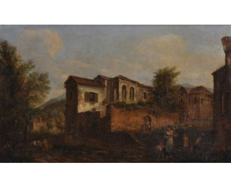19th Century Italian School. A Roman Street Scene with Figures, Oil on Panel, 5.5" x 8.5".