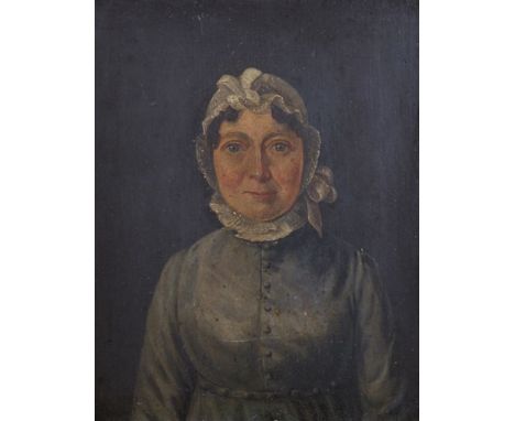 19th Century American School. A Portrait of a Lady in a Bonnet, Oil on Panel, 8.25" x 6.5".