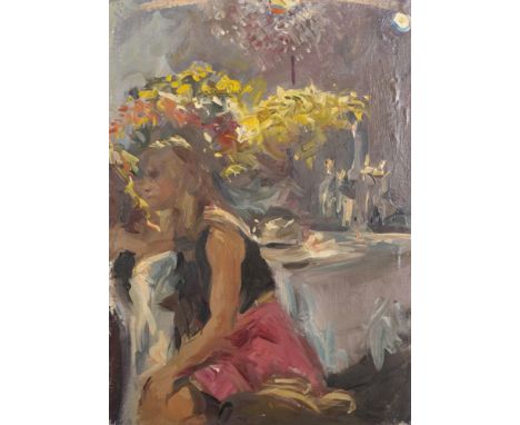 Howard Morgan (1949-    ) British. 'SW4', Study of a Girl, seated by a Table in the Garden, Oil on Canvas, with Studio Stamp 