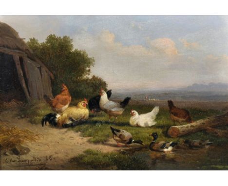 Cornelis Van Leemputten (1841-1902) Belgian. A Farm Scene with Chickens and Ducks by a Pond, Oil on Panel, Signed and Dated '