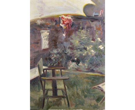 Howard Morgan (1949-    ) British. 'Home, SW4', A Garden Scene with a Wooden Chair, Oil on Canvas, with Studio Stamp on Rever