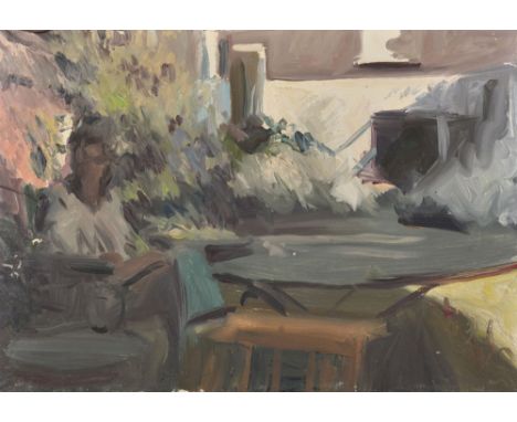 Howard Morgan (1949-    ) British. 'Home, SW4', A Figure Seated at a Garden Table, Oil on Canvas, with Studio Stamp on Revers