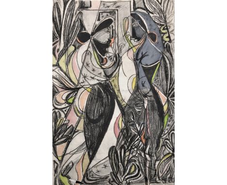 Danton F. Adams (1904-1991) British. A Surreal Portrait of Two Figures, Mixed Media, Signed in Pencil, Unframed, 18.25" x 12"