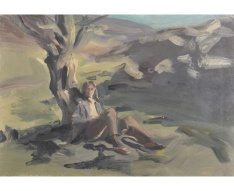 Howard Morgan (1949-    ) British. Study of a Figure Seated under a Tree, Oil on Canvas, with Studio Stamp on Reverse, Unfram