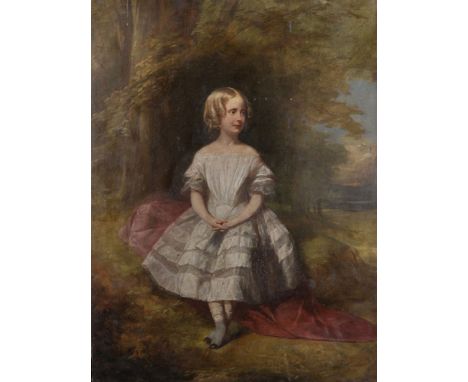 Circle of Henry Perronet Briggs (1792-1844) British. A Portrait of a Young Girl seated in a Wooded Glade, wearing a White Dre