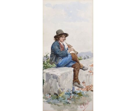 Eduard Vitali (19th - 20th Century) Italian. A Young Italian Boy Playing a Flute, Watercolour, Signed, 13" x 6", and two comp